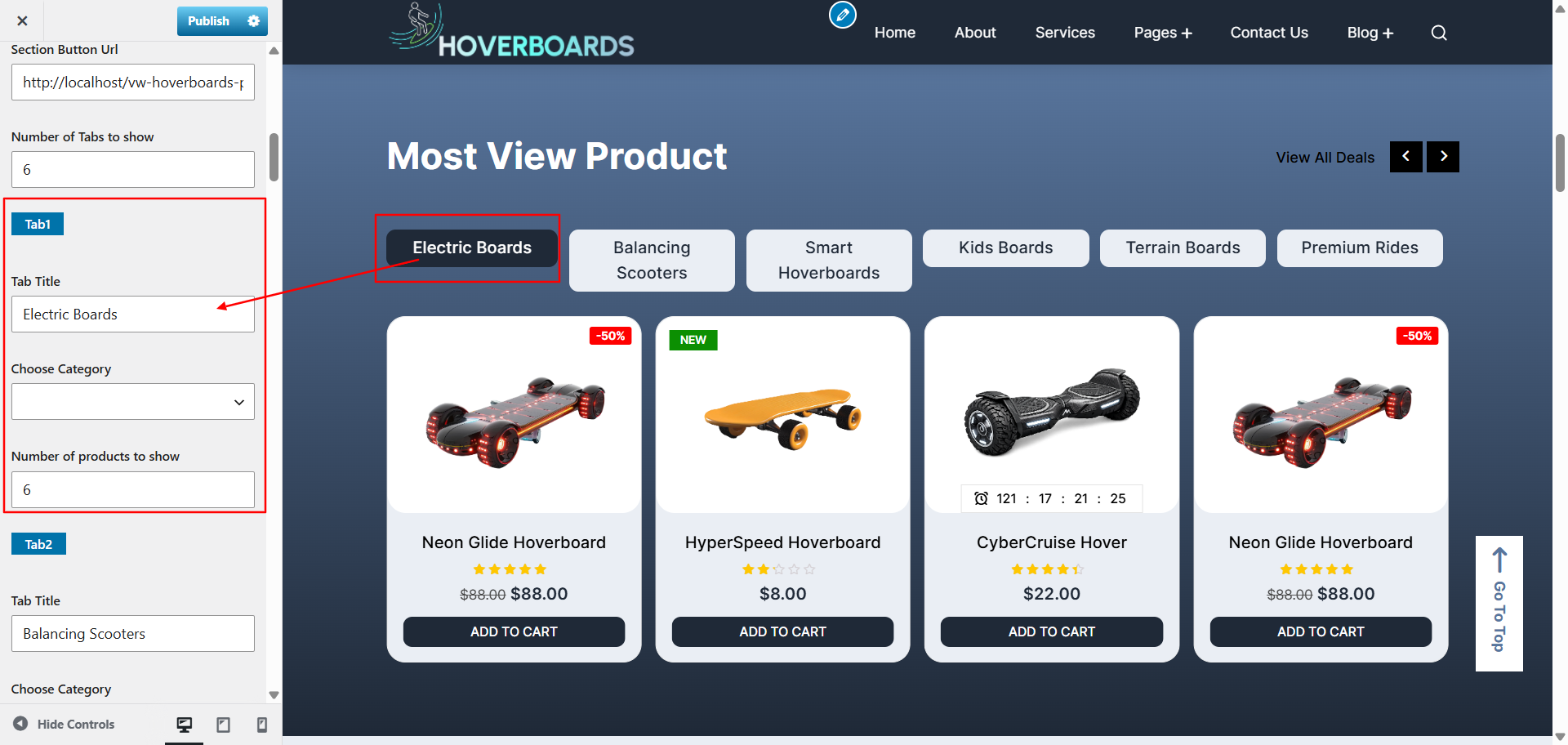 Product Tabs Category Selection
