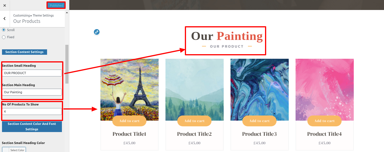 Image showing customizer settings of Our Painting 