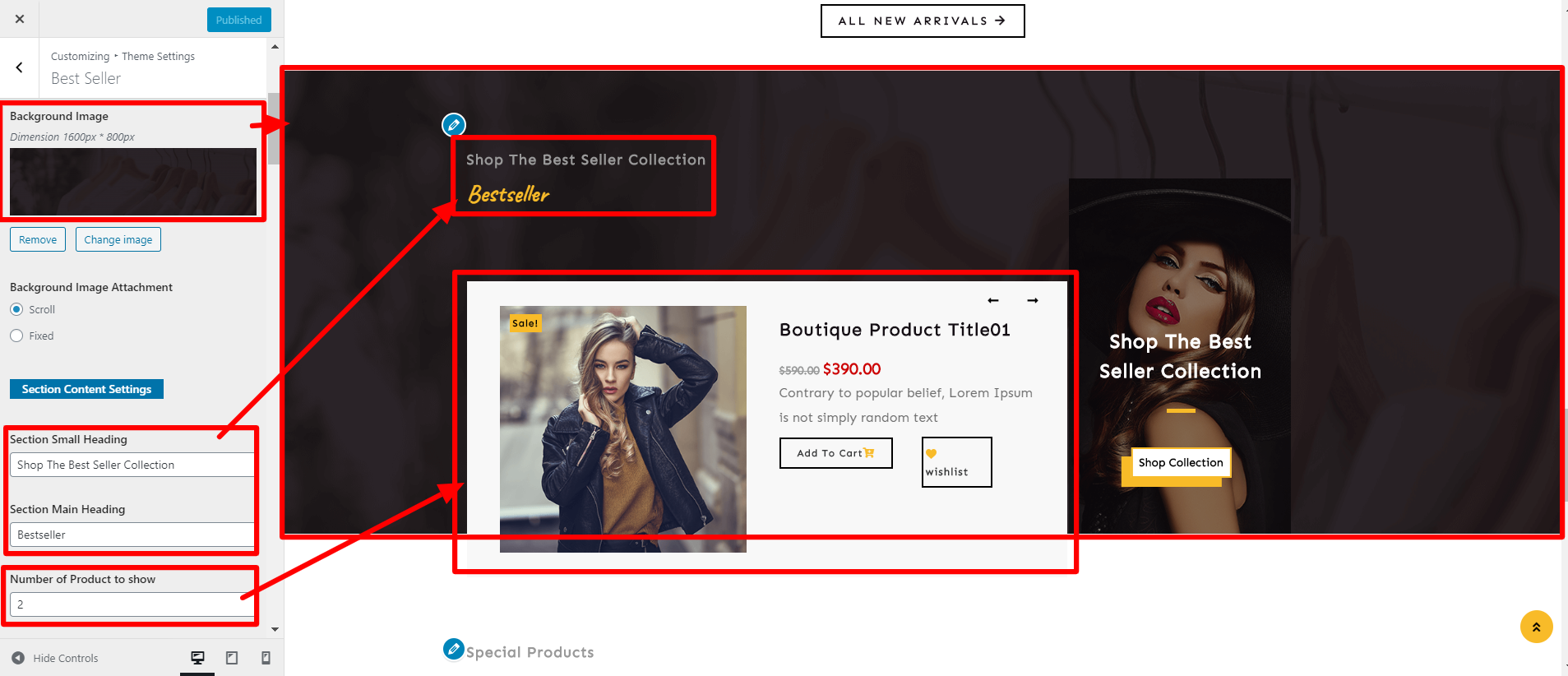 Image showing customizer settings of Best Seller 