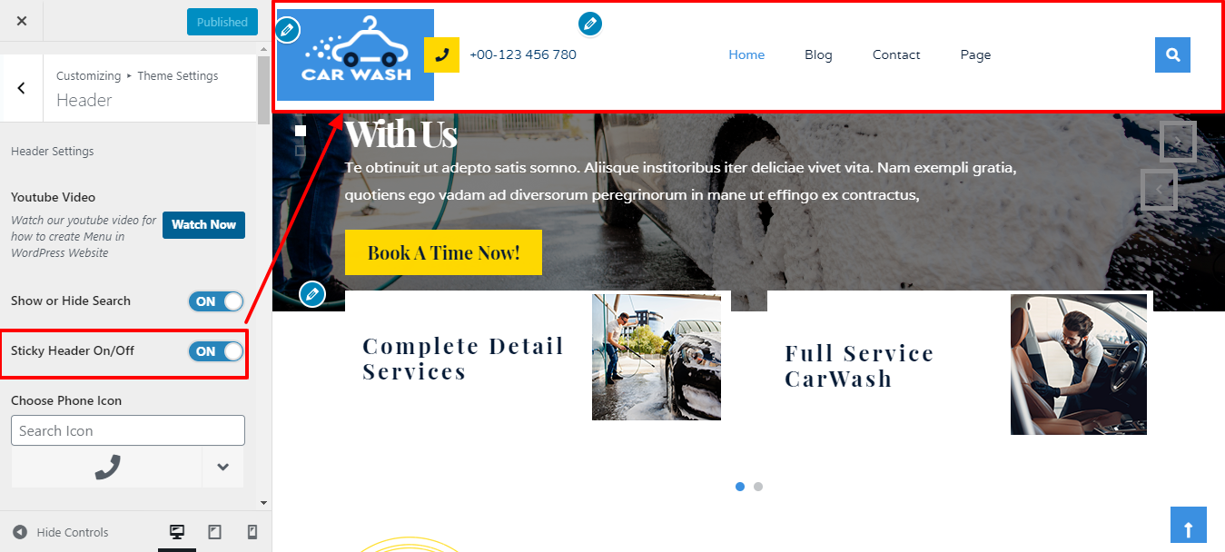 Image showing customizer setting of sticky header