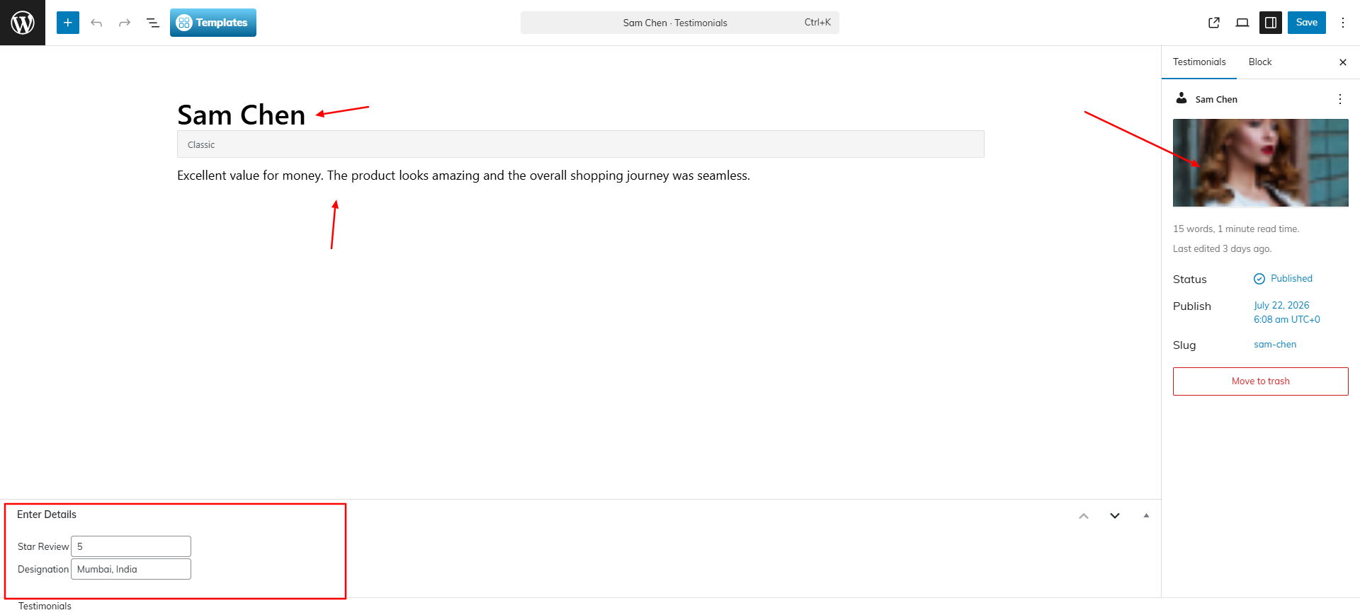 Testimonials Post Editor