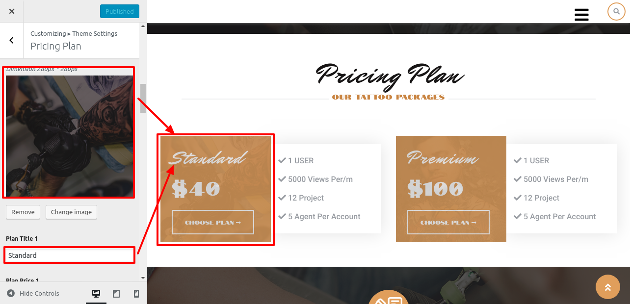 Image showing how to add content in customizer for pricing plan